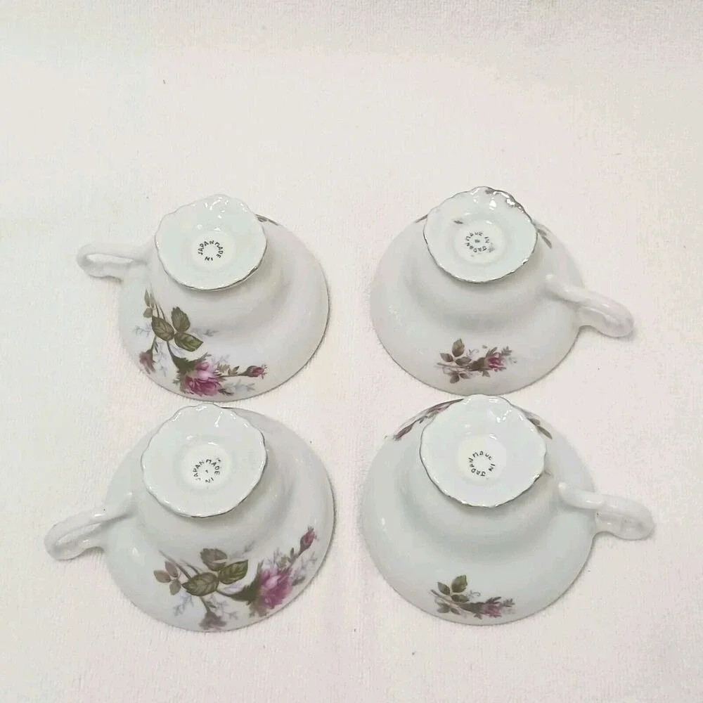 Japan Moss Rose 4 Tea Cup SET with Saucers Made In Handpainted Porcelain VINTAGE